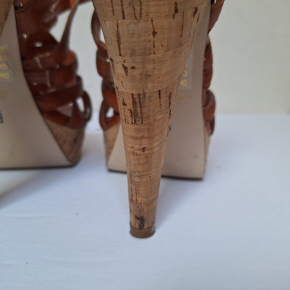 Y2K Bakers platform sandals strappy tan cognac leather cork caged chunky heels - Picture 10 of 12